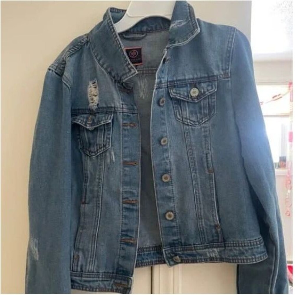 100% Cotton Distressed Medium Wash Denim Jean Jacket, Boom Boom Jeans, Size S